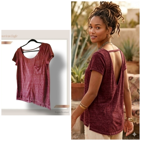 American Eagle Outfitters Tops - 🌿American Eagle Distressed High-Low Maroon Pocket Tee Medium